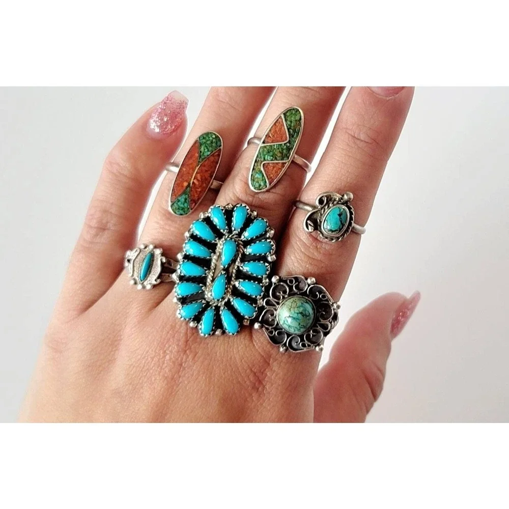 Vintage Turquoise‎ Coral Sterling Silver Inlay Ring Statement Jewelry 4.5